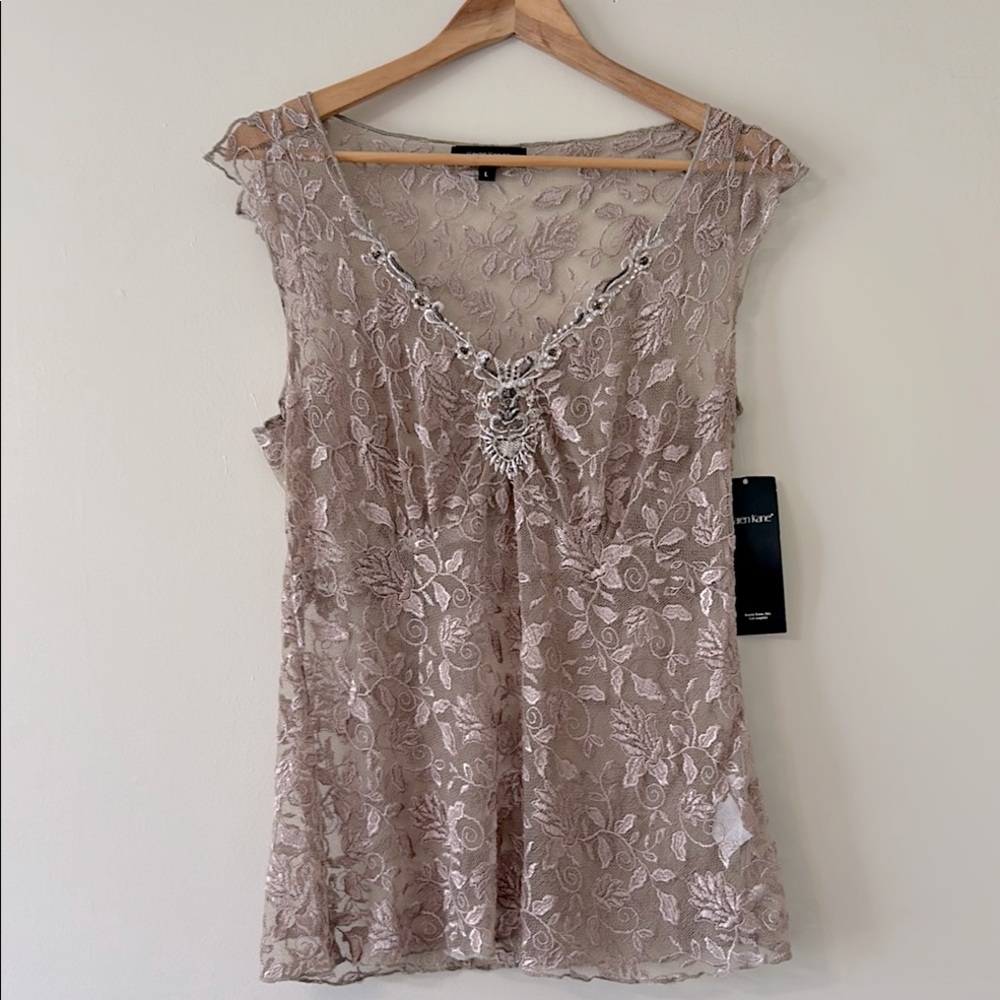 NWOT Vintage Karen Kane Tan Sheer Lace Tank Top Large V-Neck Beaded Floral Heart